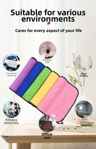 Five-piece set of microfiber cleaning cloths with hanging loops in five bright colors
