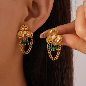 Flower Tassel Drop Earrings Stainless Steel With Green Malachite Texture Beads And White Imitation Artificial Pearl Vintage Aesthetic Jewelry For Women