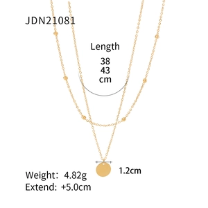 Detailed view of 18K gold-plated double-layer bead chain with disk pendant dimensions