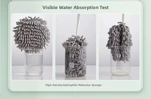 Absorbent chenille hand towel ball absorbing water from a 500ml glass beaker