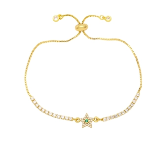 Gold star tennis bracelet with white zircons and green gemstone, adjustable slide clasp