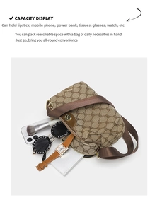 Brown monogram crossbody bag interior showing phone, lipstick, and power bank capacity