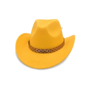 Detail of yellow wool felt cowboy hat featuring a brown geometric patterned band decoration