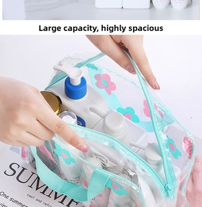 Spacious clear PVC floral toiletry bag with mint green handle and zipper closure