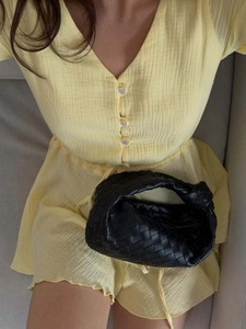 Yellow V-neck long-sleeve cotton dress with waist tie and A-line skirt fit