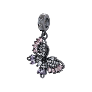 Luxury butterfly pendant with colorful zircons and pink gemstones on dark metal