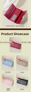 Internal layout of stylish long wallet showing card slots and five multi-color options