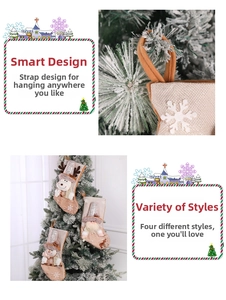 Detail of glitter Christmas stockings with Santa and reindeer hanging on snow tree