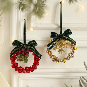 Christmas Bell Wreath Hanging Ornament Metal Iron Velvet Ribbon Bowknot Artificial Berries Door Wall Tree Festive Decor