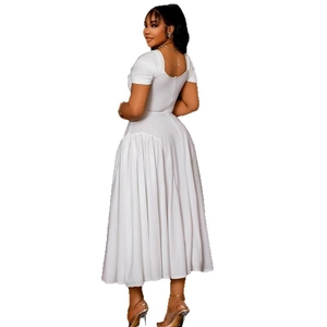 Elegant white V-neck pleated A-line dress featuring short sleeves and backless design