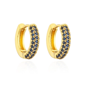 Detail view of gold hoop earrings with double row micro-paved blue cubic zirconia