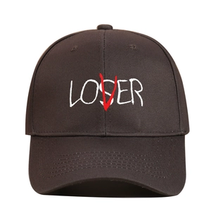 Detail of LOVER LOSER letter embroidery on dark brown cotton canvas baseball cap