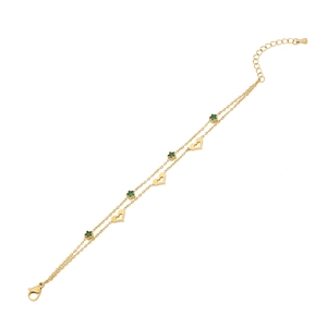 Double-layered golden bracelet with emerald stars and hollow heart charms on white background