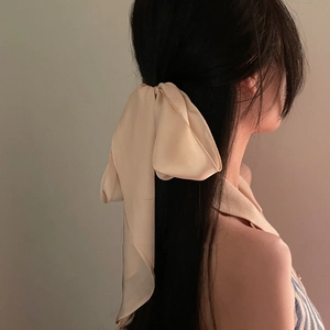 Detail of a large champagne silk ribbon hair tie tied in a bow on a woman's hair