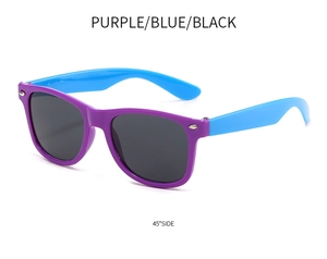 Detail of purple frame kids sunglasses with blue temples and silver metal rivets