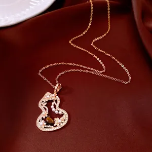 Hollow Gourd Pendant Necklace Tiger Eye Stone Artificial Pearl Zircon Retro Chinese Ethnic Style Jewelry For Women