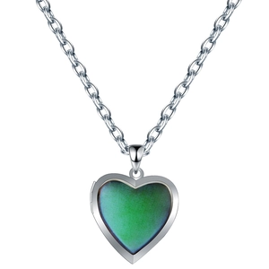 Silver stainless steel heart locket necklace with green and blue temperature sensing stone