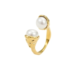 Elegant gold titanium steel open ring featuring two inset pearls on a white background
