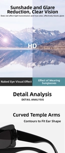 Detail view of HD anti-glare lenses and ergonomic curved temples on black sunglasses