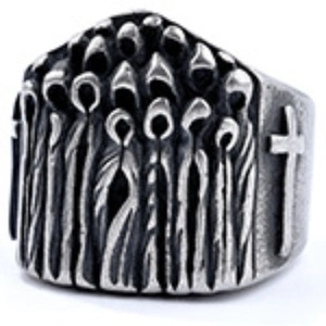 Gothic silver stainless steel ring with hooded figure reliefs and side cross details