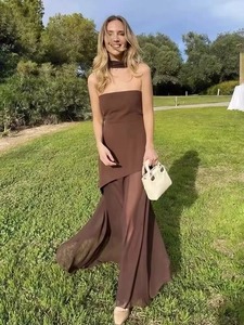 Detailed view of the brown tube top dress featuring sheer chiffon fabric and matching choker