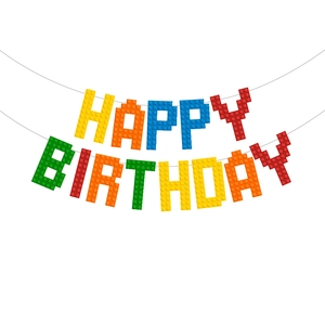 Colorful building block style Happy Birthday banner for party decorations on white background