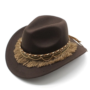 Western style wide brim felt cowboy hat in dark brown with tassel and chain detail