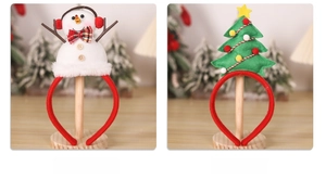 Detail of Christmas headbands featuring reindeer antlers, snowman, and festive tree designs