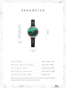 Detailed size parameters for the vintage green quartz watch with rose gold case