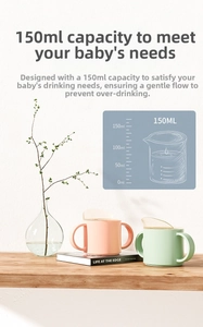 Detail of 150ml baby sippy cup with dual handles in pink and mint green colors
