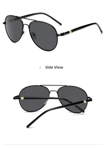 Side view of black aviator sunglasses with metal frame and gold accent on temples