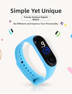 Detail of light blue silicone strap and sleek oval LED digital screen on sport watch