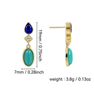 Teardrop blue zircon earrings with turquoise stones in a golden three-tier drop design