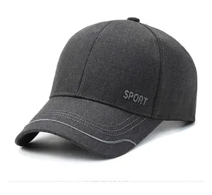 Close-up of grey baseball cap with SPORT embroidery and detailed stitching on the brim
