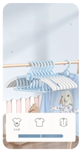 Detail of adjustable blue kids hanger with 7-position width scaling for 0-18 years
