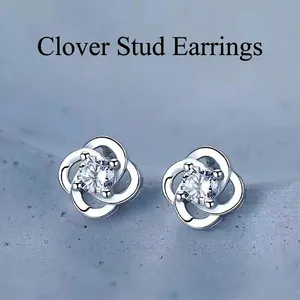 Four Leaf Clover Stud Earrings For Women Copper With Cubic Zirconia Sparkling Rotating Knot Flower Jewelry Simple Luxury