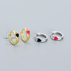 S925 sterling silver heart hoop earrings with red glaze drip in gold and silver finish