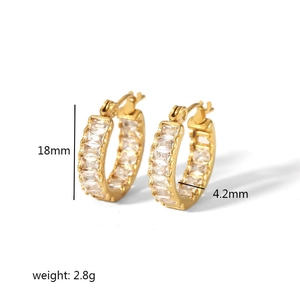 18k gold plated stainless steel C-shape earrings with rectangular zircon inlay
