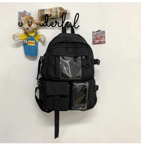 Dettaglio dello zaino in tela nera con tasche multiple e finestre trasparenti uniche