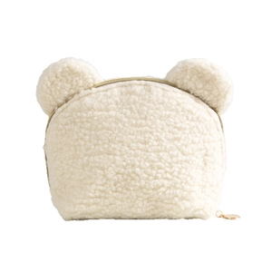 Cute teddy plush cosmetic bag in white lamb wool with bear ear design and metal zipper