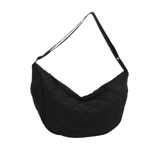Minimalist black quilted dumpling shoulder bag with adjustable strap and large capacity