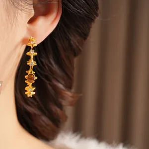 Vintage gold-plated drop earrings with tiger eye stone and zircons for a luxury look