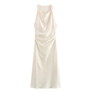 Elegant champagne satin midi dress featuring halter neck and pleated waist details