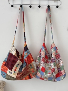 Sac à bandoulière en toile patchwork de style ethnique rétro avec grande capacité