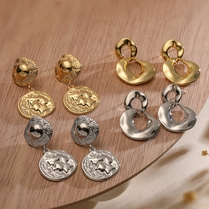 Vintage Geometric Copper Gold Silver Plated Dangle Earrings For Women Retro Relief Coin Abstract Double Hoop Jewelry