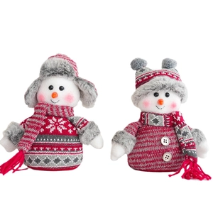 Christmas plush snowman figurines in red and grey knitted fabric for holiday decor