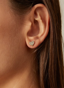 Close-up of S925 silver 14K gold plated heart stud earrings with pavé cubic zirconia