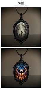 Gothic pendant necklaces with black ornate frames showing crow and bat silhouettes