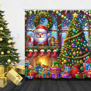 Christmas shower curtain detail with Santa, decorated tree, fireplace and gift boxes scene