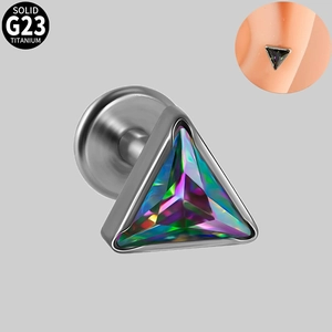 Macro view of G23 titanium triangle earring with iridescent stone and metal texture